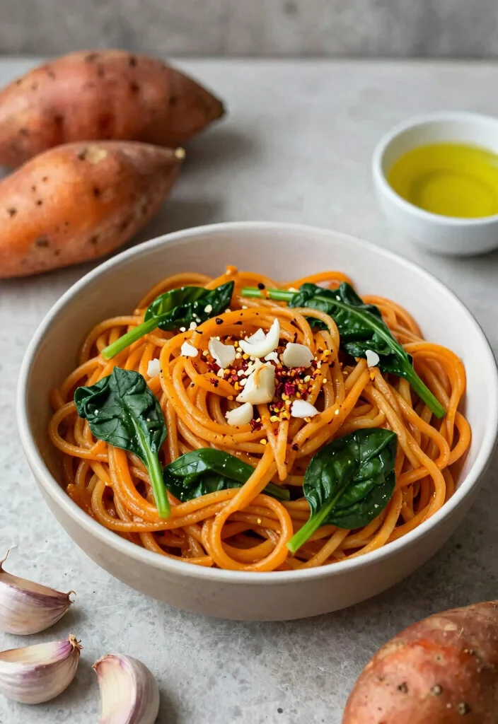 12 Healthy Noodle Recipes for Light Flavor-Packed Dinners - 3. Sweet Potato Noodles with Garlic and Spinach